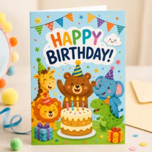 Kids Birthday Card – Cartoon & Fun Design | Color kraft