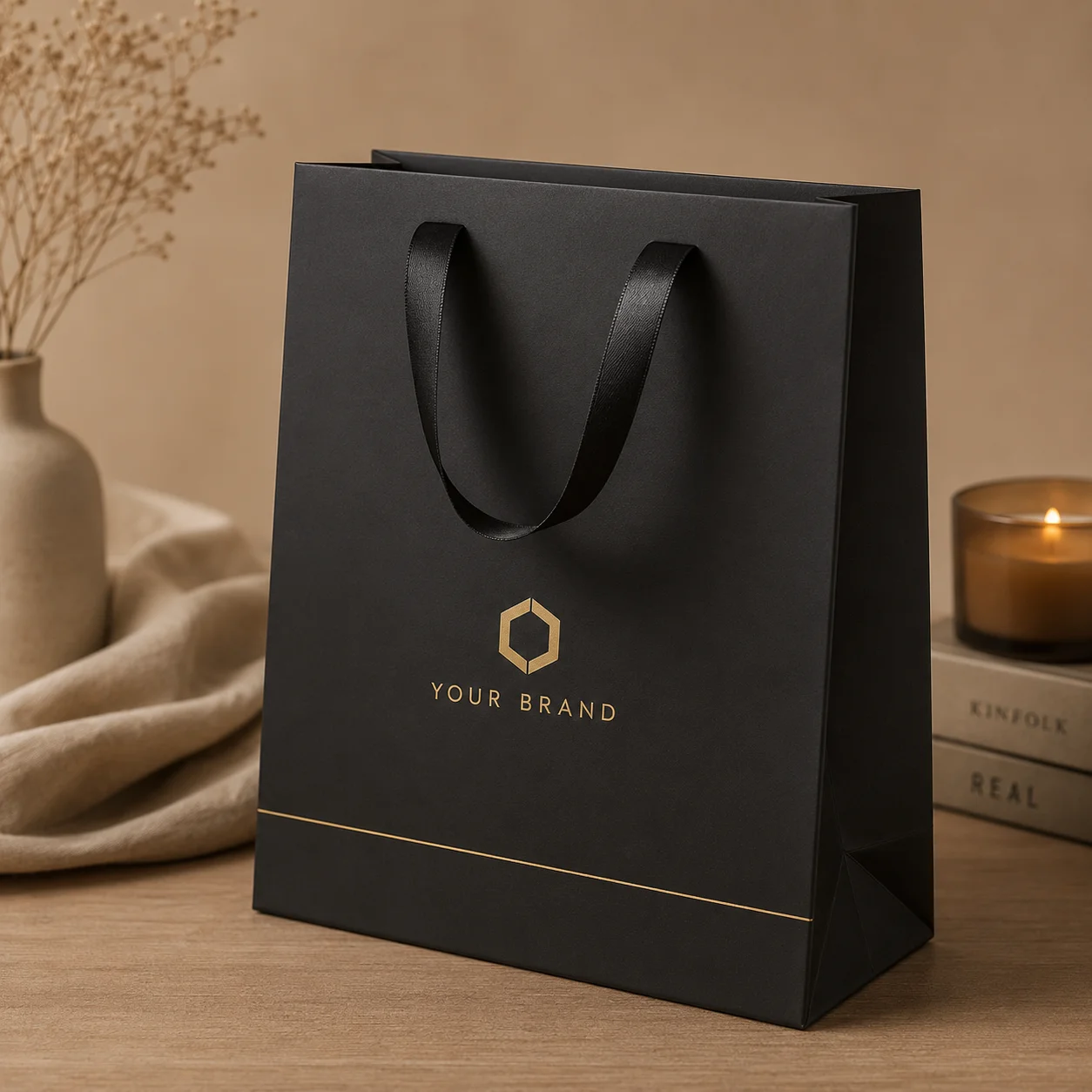 Luxury Matte Bag with Ribbon Handle – Pack of 10 | Color kraft