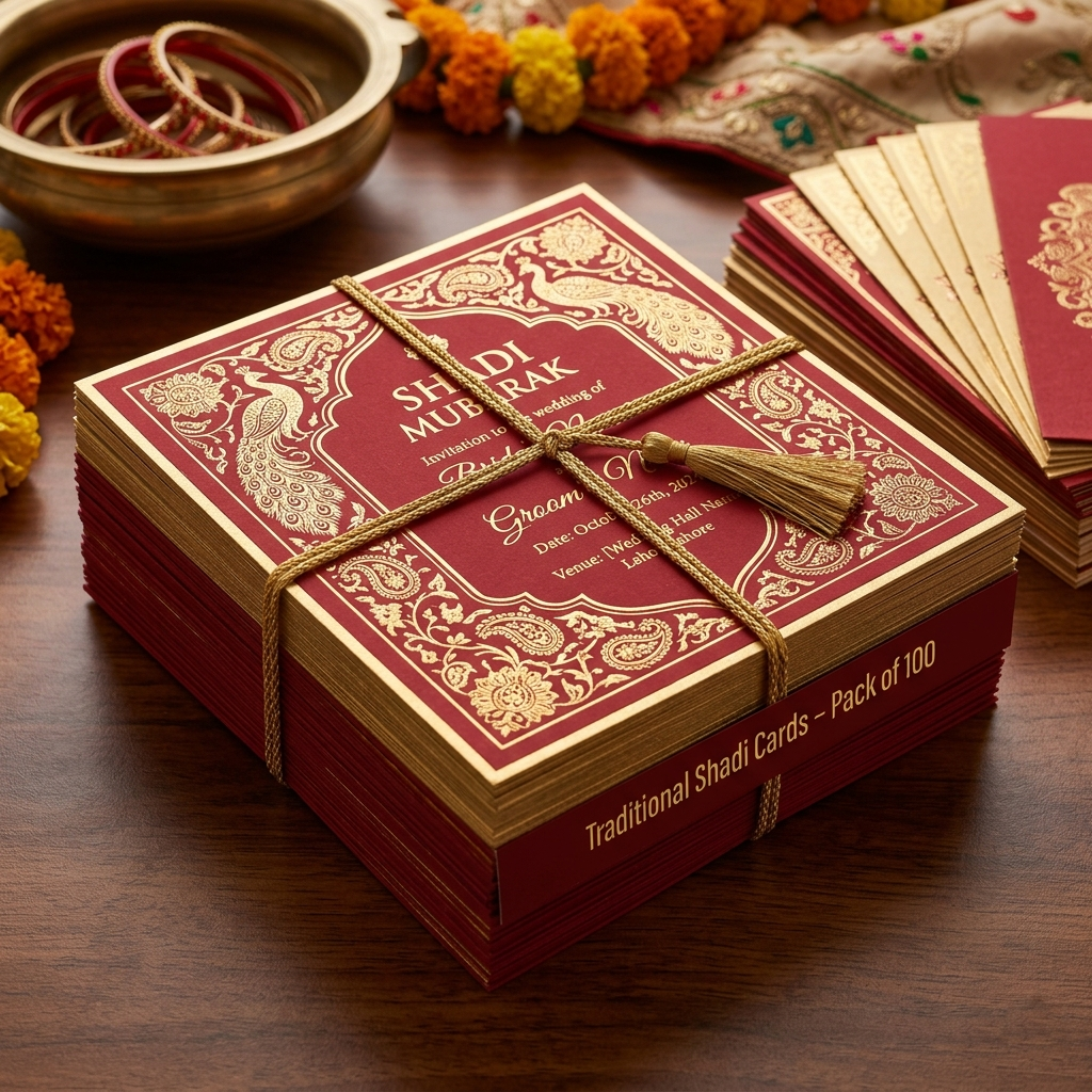 Traditional Red & Gold Shadi Card – Pack of 100 | Color kraft