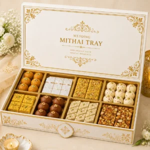Wedding Mithai Tray Box – White & Gold | Color kraft